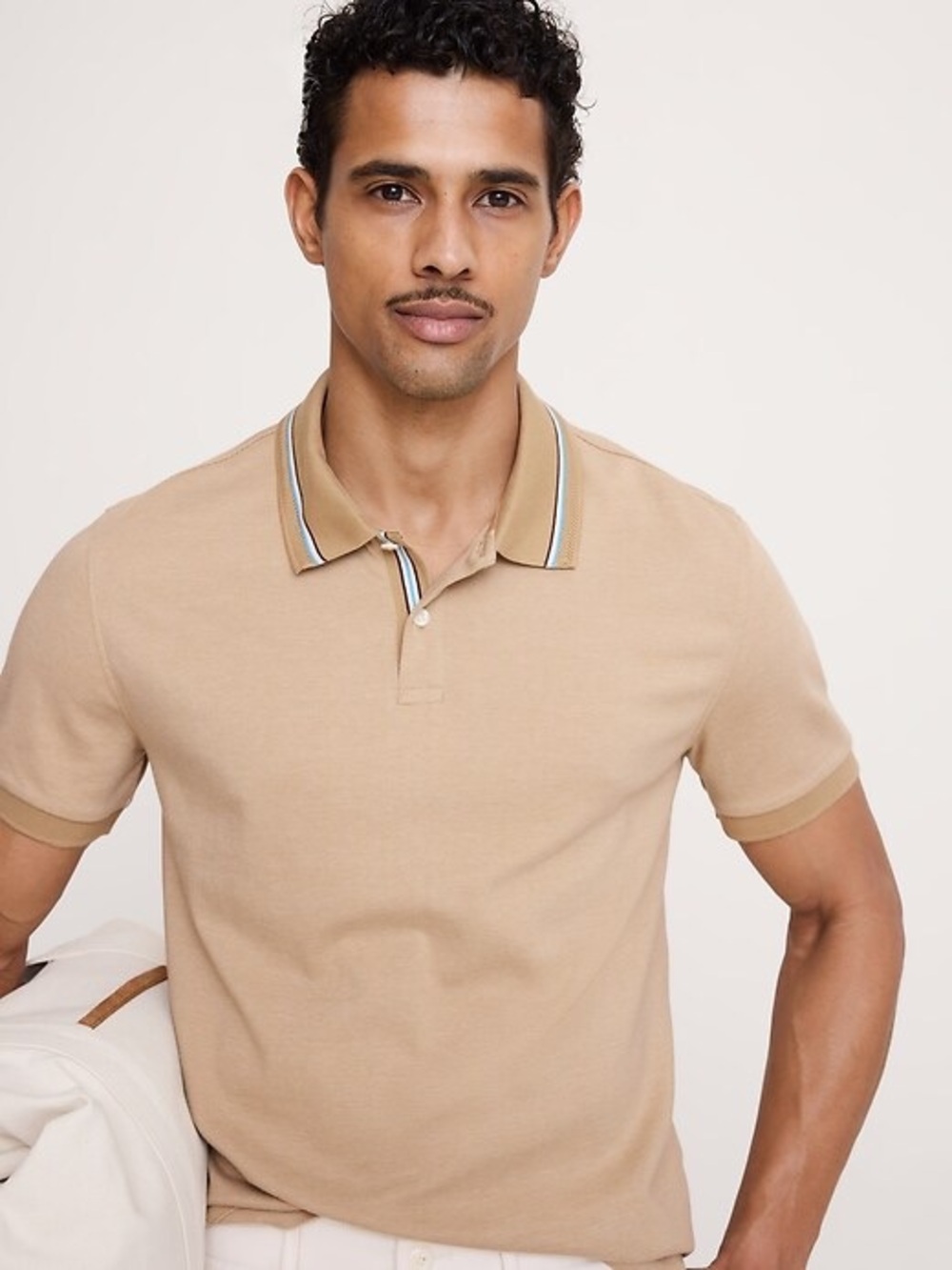 Banana Republic Cotton Luxury-Touch Polo Shirt khaki beige stripe - M